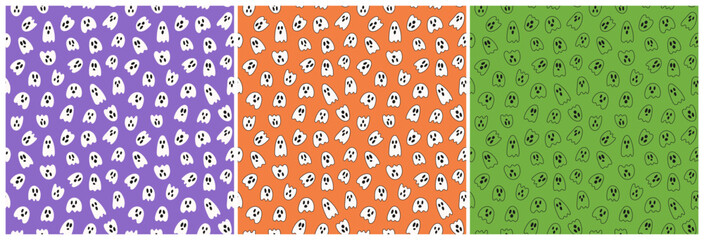 Collection of 3 seamless ghost patterns. Cute designs for wraps, prints, notepads, notebooks, wallpaper and more. Halloween Celebration. Hand drawn ghosts. Vector illustration.