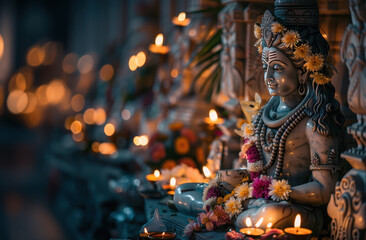 Fototapeta premium Beautifully adorned shiva statue surrounded by flickering candlelight and marigold garlands