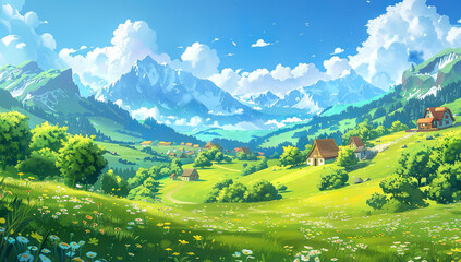 Obraz premium Cartoon illustration style, green grassy fields with small houses and mountains in the distance, blue sky, white clouds, bright colors, high saturation, perspective effect, cartoon characters on...