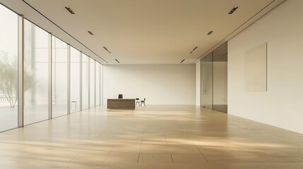 Interior of modern office with white walls, concrete floor, white computer tables and white chairs.