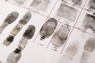 Close-up of fingerprints on a fingerprint card, forensic examination, registration of criminals