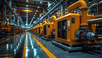 Naklejka premium A large yellow commercial generator set up in an industrial building.