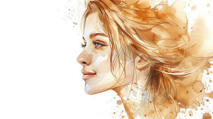 Fototapeta premium Confident young student with a smile created by coffee stains on a white background.