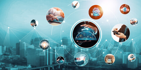 Communication technology , smart connection IOT and people network technology concept. People using...