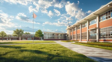 illustration of an American school on a sunny afternoon a little desolate