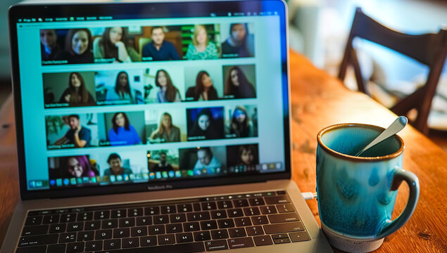 A laptop screen displaying multiple people in an online meeting or video conference, showcasing the concept of remote work and socializing with colleagues through digital communication. The...