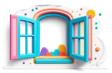 open window, autumn, cartoon on white background, 3d