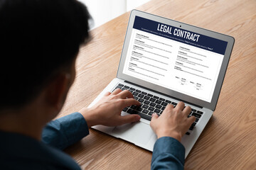 Digital legal contract provide terms and conditions document on computer screen ready for online digital signature for deal agreement of future business snugly