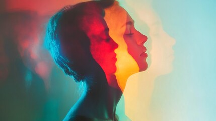 Psychedelic portrait photography in neon light, blurry simplistic realm distorted effect, emotional ambiguity people image with glitch and ghosting lighting effect backgrounds.
