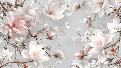 A delicate floral pattern with soft pink and white flowers, including cherry blossoms and magnolias on a light grey background. The design is elegant and sophisticated, perfect for creating an...