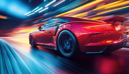 A bright red sports car is speeding along a vast highway under the starry night sky
