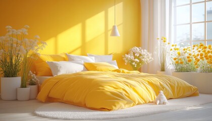 A cozy bedroom with bright yellow walls and a comfortable bed in yellow sheets and pillows