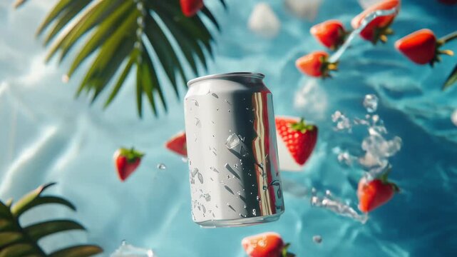 Refreshing drink can splash with strawberries and ice cubes in tropical setting