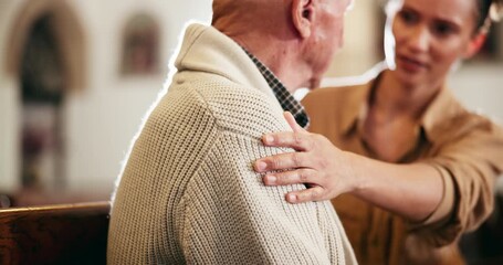 Hand, care and people with faith in church for spiritual healing, belief and understanding of loss. God, Christian and senior man with support of woman for grief comfort, guidance and compassion