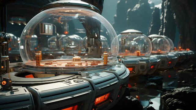 A futuristic, sci-fi landscape featuring a series of white dome-shaped structures with glowing orange lights.