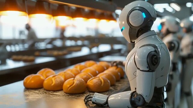 A robot is inspecting freshly baked bread loaves in an automated bakery. The environment appears to be modern, with advanced machinery under ample lighting, likely during the day.