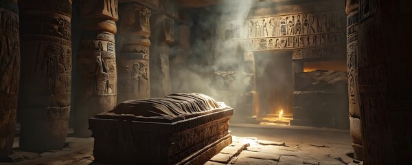 Ancient egyptian tomb interior with hieroglyphics and sarcophagus bathed in soft light
