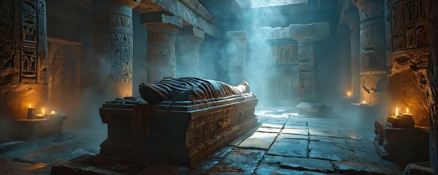 Mysterious ancient tomb with sarcophagus illuminated by soft candlelight in lost egyptian civilization