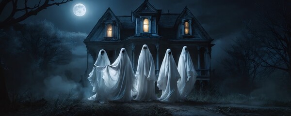 Eerie ghostly figures gather in front of abandoned house under full moonlight at night