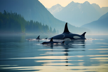 Naklejka premium Stunning Display of Orcas in Majestic Fjord Landscape: An Exquisite Exhibition of Nature's Unspoiled Beauty and Wildlife Harmony