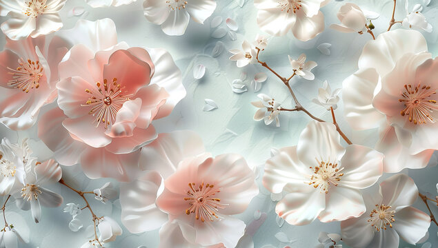 3d wallpaper, pastel color palette, white and pink flowers