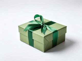 Obraz premium Green gift box with satin ribbon displayed on white background for celebratory occasion