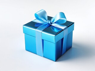 Obraz premium Bright blue gift box tied with satin ribbon on light background