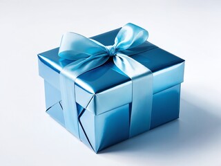 Obraz premium A beautifully wrapped blue gift box with elegant ribbon on a white surface