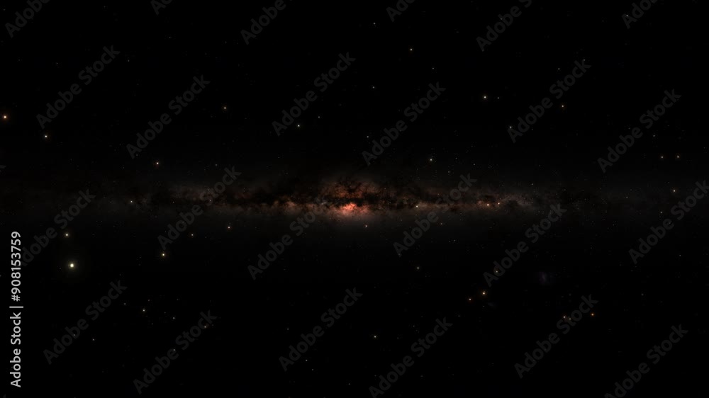 Wall mural golden science fiction starfield simulation fly-through and milky way galaxy loop background. inters
