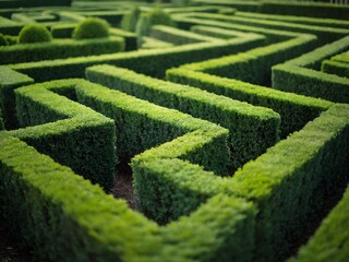 Intricate green maze with neatly trimmed hedges at a sunny daytime location