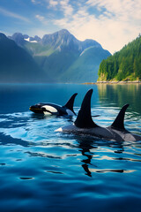 Fototapeta premium Stunning Display of Orcas in Majestic Fjord Landscape: An Exquisite Exhibition of Nature's Unspoiled Beauty and Wildlife Harmony