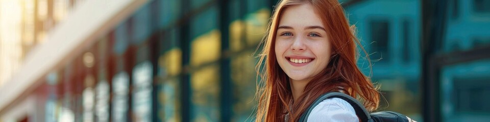 Fototapeta premium Happy teenage girl in school uniform carrying a backpack school style