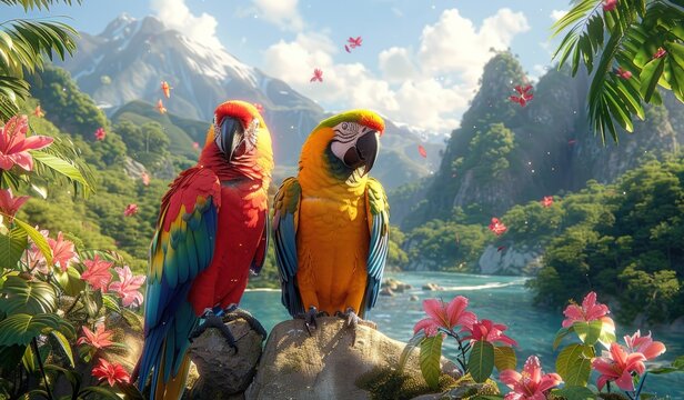 A beautiful painting of colorful parrots in the jungle, mountains and river.