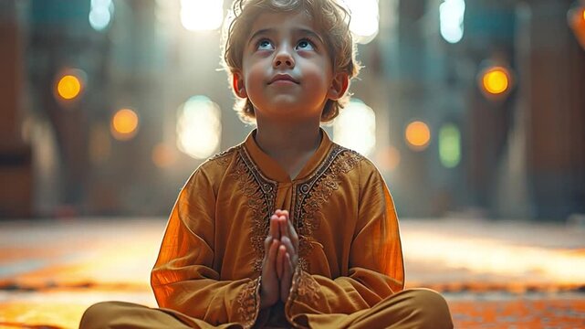 Muslim boy in a mosque, worshipping and offering prayers for Eid al-Fitr and fasting 