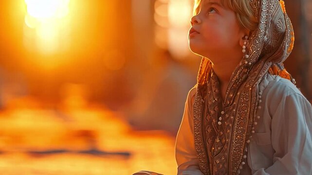 Muslim boy in a mosque, worshipping and offering prayers for Eid al-Fitr and fasting 
