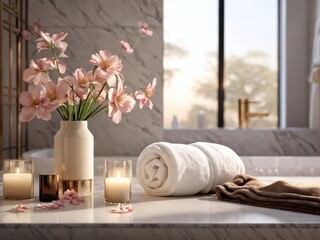 Elegant spa setting with fresh flowers and soft towels in a relaxing bathroom environment