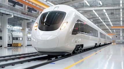 Modern high-speed train in a factory setting.