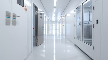 Empty hallway in a cleanroom facility with white walls, doors and flooring.