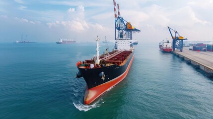 Large cargo ship approaching a port with cranes and other vessels in the background.
