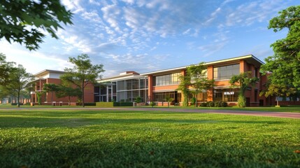 illustration of an American school on a sunny afternoon a little desolate