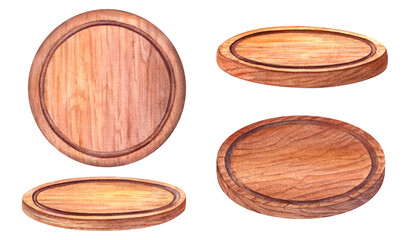 Wooden round trays set in different angles. Top and side views. Kitchenware wood collection. Pizza Plate. Watercolor illustration. For food presentation in dining settings or rustic decor