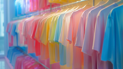 Collection of Clean, ironed, colorful pastel colors t shirts hangs up on a rack in store or wardrobe. Clothing store concept for sale. Presentation template for advertising commerce. Generative AI