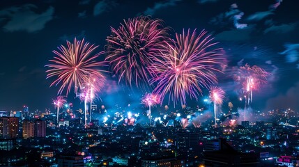 Vibrant fireworks display over a cityscape at night.