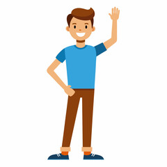 Young man who raises his hand in greeting and has a hand in trousers vector