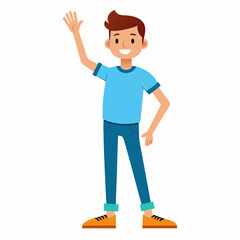 Young man who raises his hand in greeting and has a hand in trousers vector