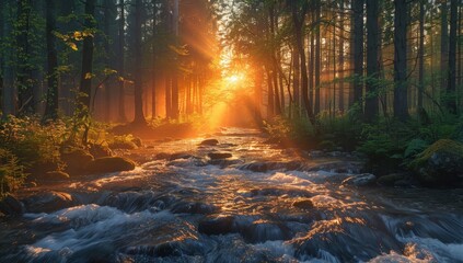 Fototapeta premium A river with rocks in the middle of an enchanted forest. Generate AI image
