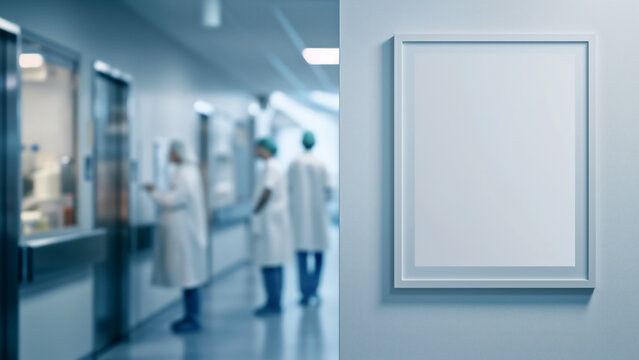 A blank white poster frame on the wall of an hospital interior, doctors and nurses in motion blur working around the room, window light from outside.