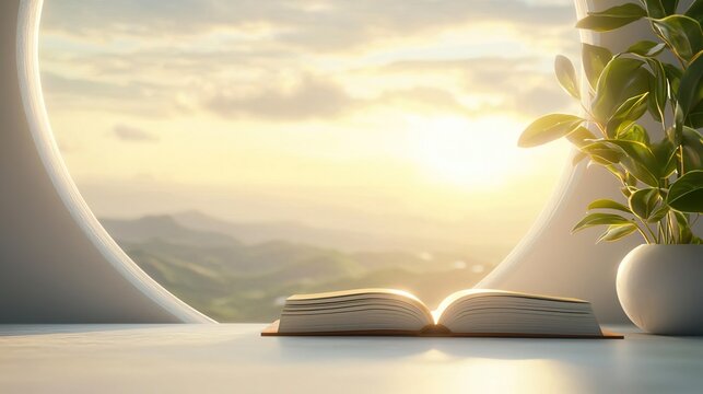 Open book on a table with a view of mountains and sunset.