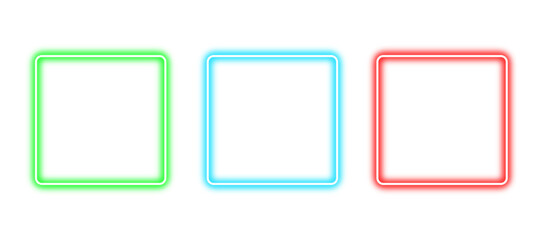  Set/ collection of squares neon futuristic sign red, blue, green. Isolated on transparent white background. Shiny light glow squares frames for design elements