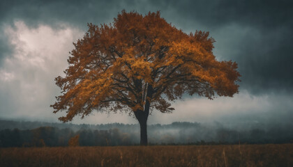 Fototapeta premium one big tree in a field with dry grass and forest in the autumn season, beautiful nature, rainy weather, cloudy